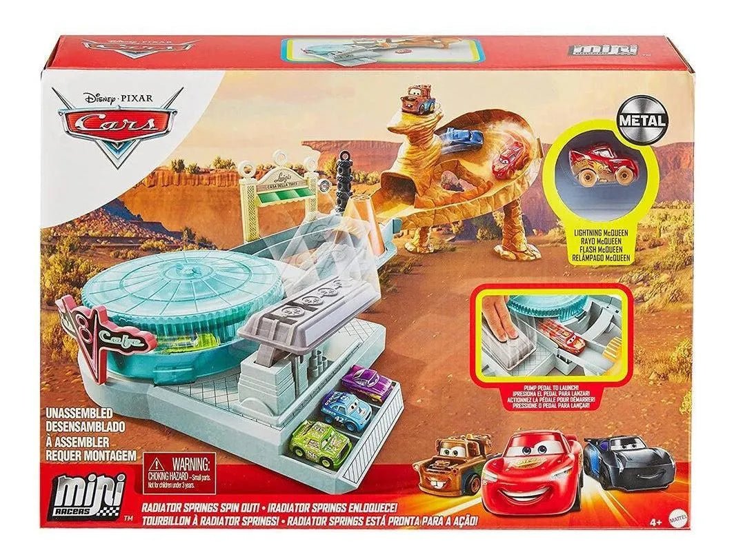 Pista Disney·Pixar Cars Mini Racers – Radiator Springs Spin - Out con Lanzador y Mesa Giratoria + Lightning McQueen (metal), Mattel - Chido Toys