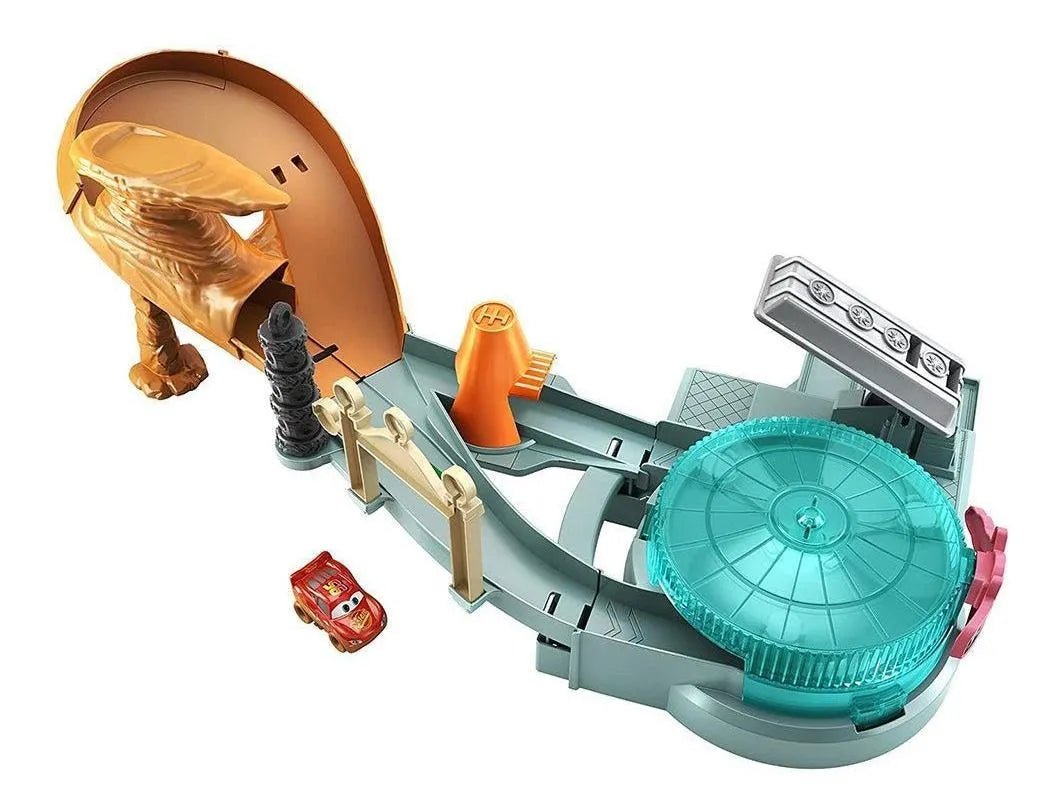 Pista Disney·Pixar Cars Mini Racers – Radiator Springs Spin - Out con Lanzador y Mesa Giratoria + Lightning McQueen (metal), Mattel - Chido Toys