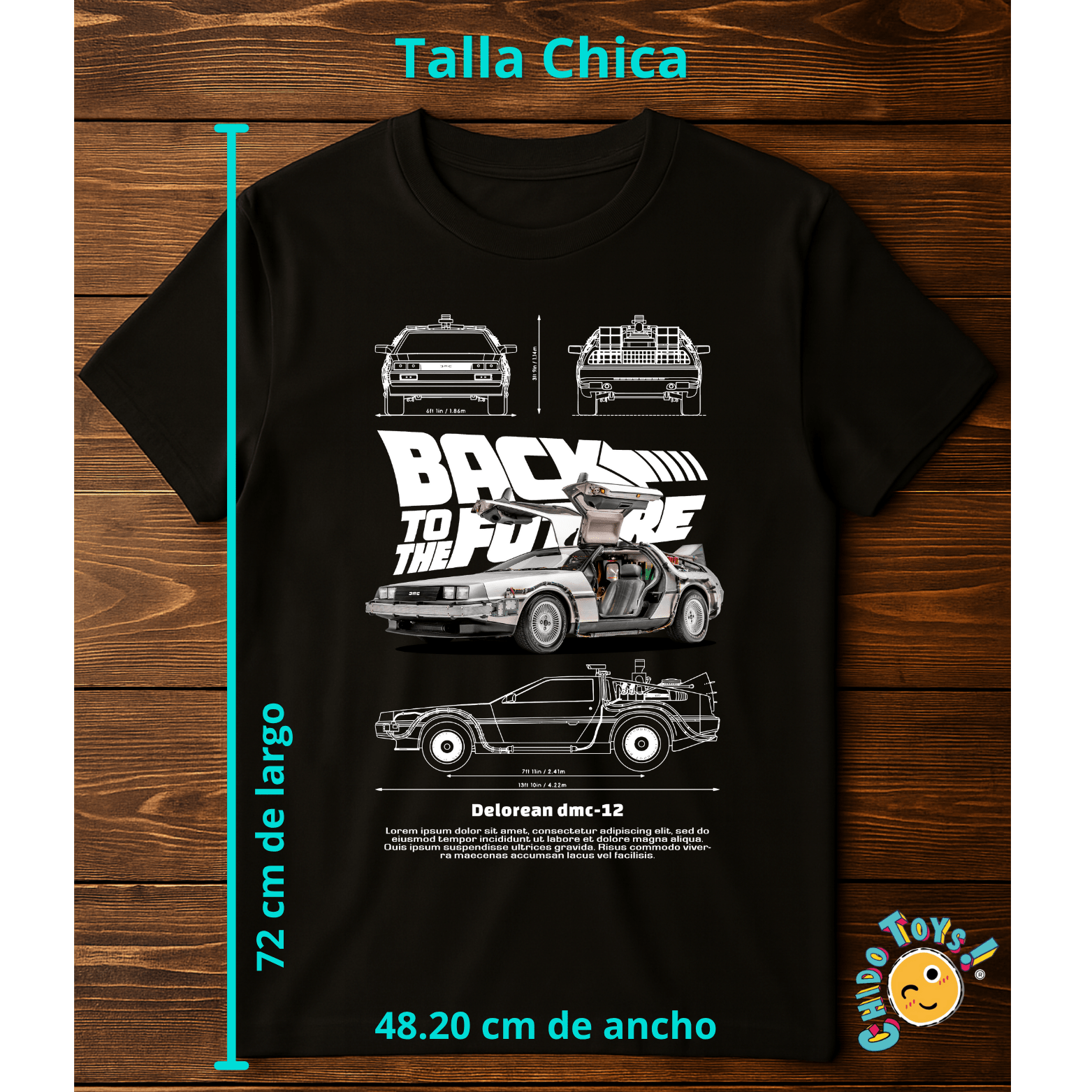 Playera DeLorean DMC - 12 – Back to the Future – Diseño técnico estilo blueprint - Chido Toys