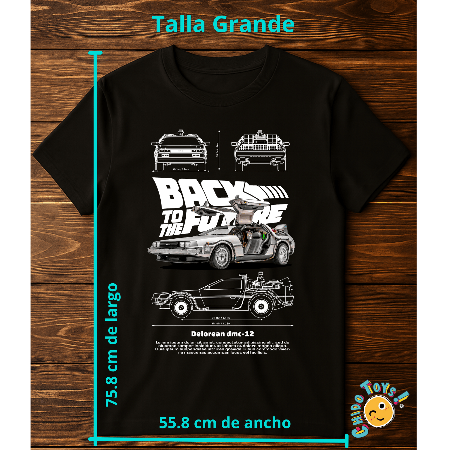 Playera DeLorean DMC - 12 – Back to the Future – Diseño técnico estilo blueprint - Chido Toys