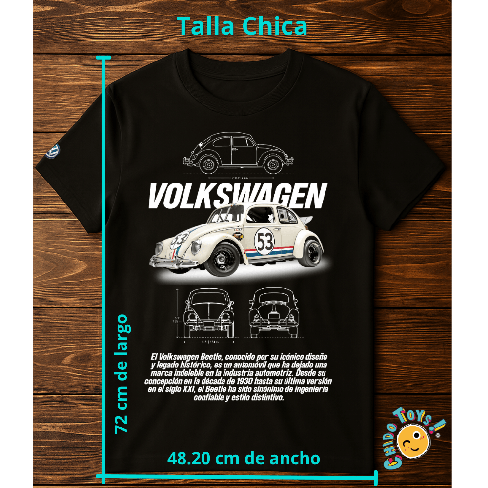 Playera VW Beetle Clásico | Diseño estilo Herbie con planos técnicos - Chido Toys