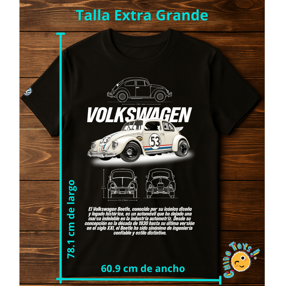 Playera VW Beetle Clásico | Diseño estilo Herbie con planos técnicos - Chido Toys
