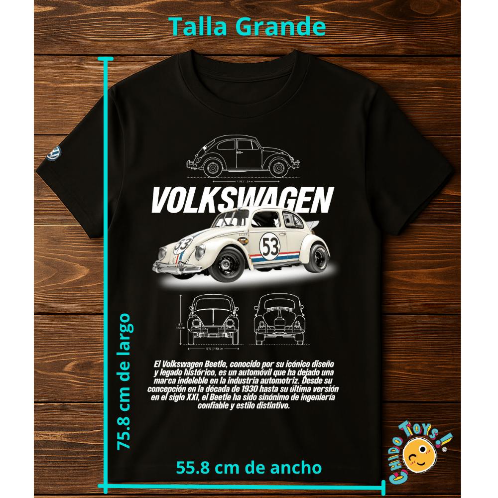 Playera VW Beetle Clásico | Diseño estilo Herbie con planos técnicos - Chido Toys