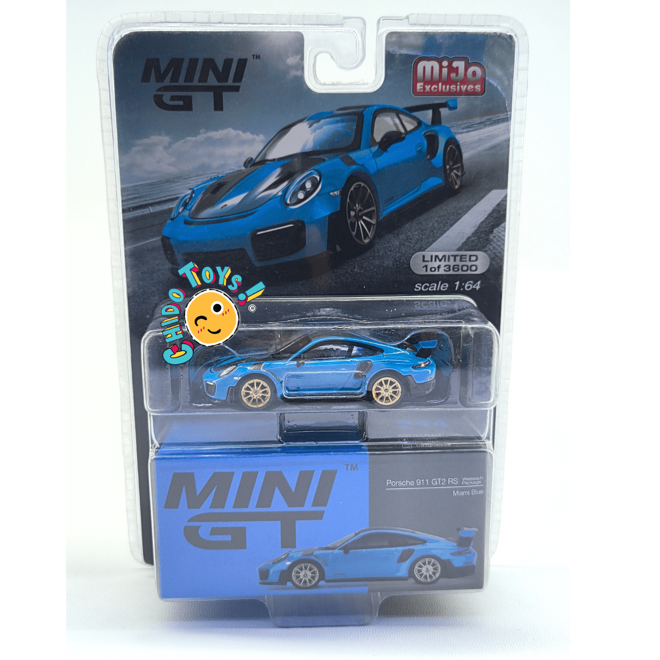 Porsche 911 GT2 RS Weissach Package Miami Blue – Mini GT 344 | Escala 1:64 | Edición Limitada - Chido Toys
