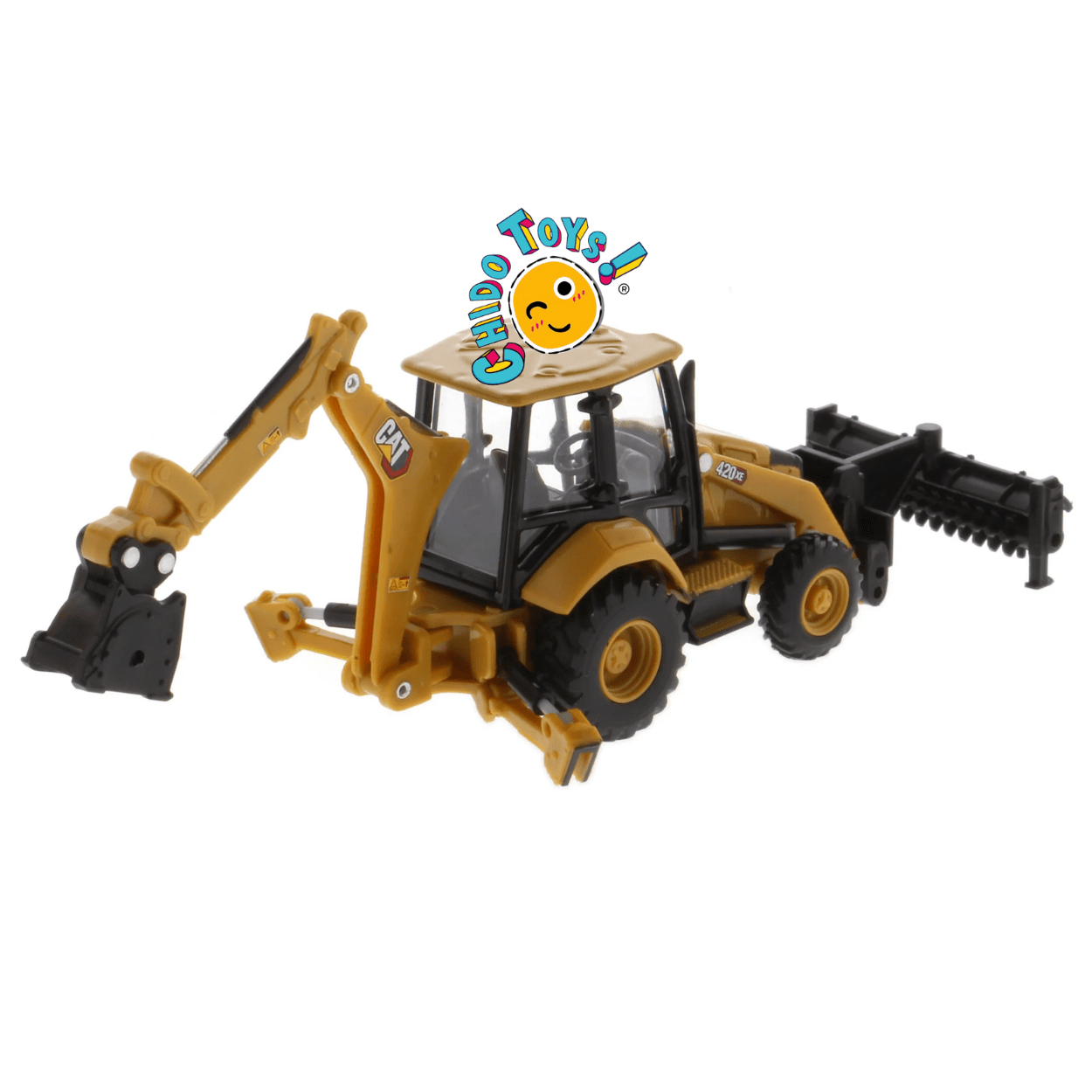 Retroexcavadora CAT 420 XE a escala 1:64 con llantas de goma funcionales - Chido Toys