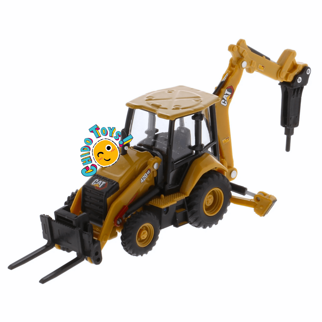 Retroexcavadora CAT 420 XE a escala 1:64 con llantas de goma funcionales - Chido Toys