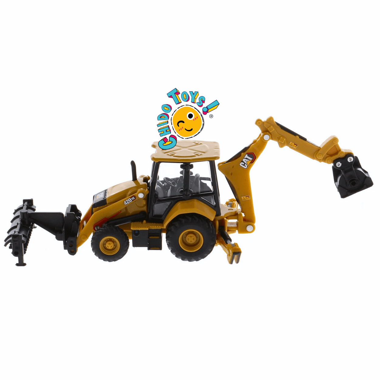 Retroexcavadora CAT 420 XE a escala 1:64 con llantas de goma funcionales - Chido Toys