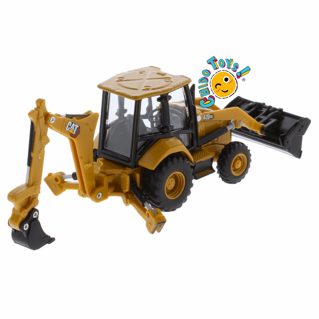Retroexcavadora CAT 420 XE a escala 1:64 con llantas de goma funcionales - Chido Toys