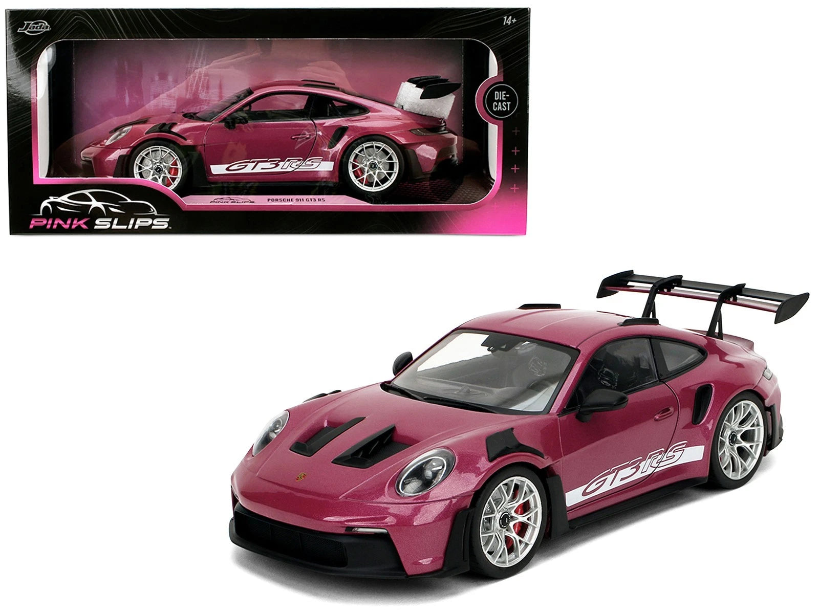 Jada Toys Porsche 911 GT3 RS 1:18 Metallic Cabernet, rines plateados, alerón trasero y puertas abatibles.