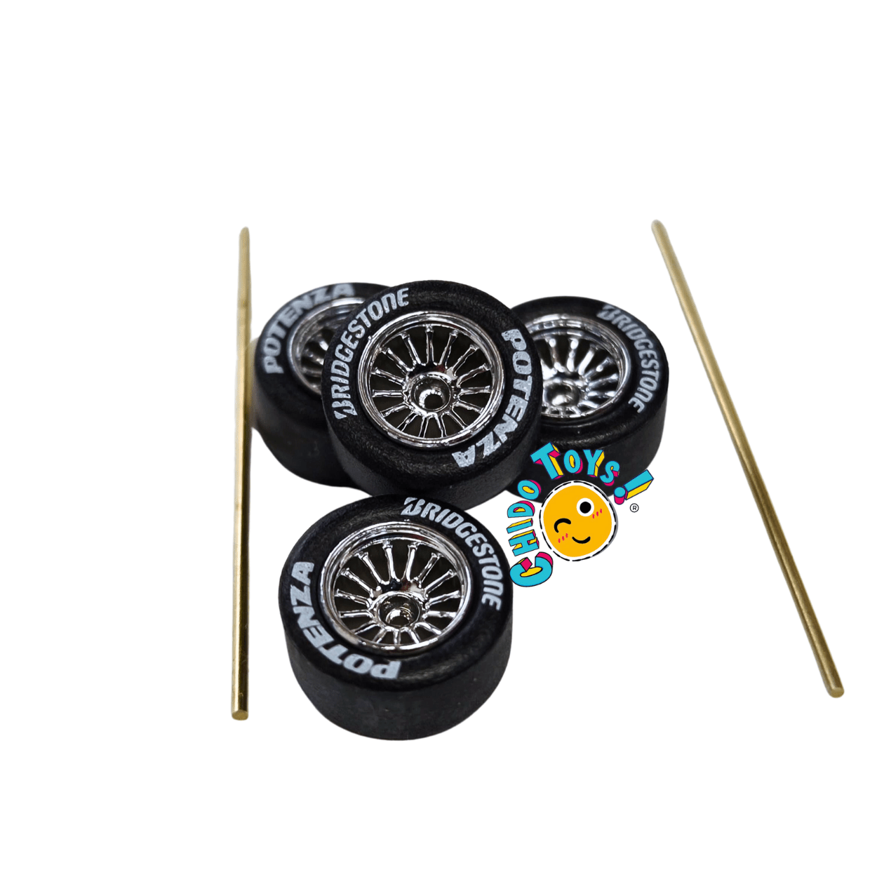 Set de llantas de goma para escala 1:64 con rines tipo diamante y ejes incluidos - Chido Toys