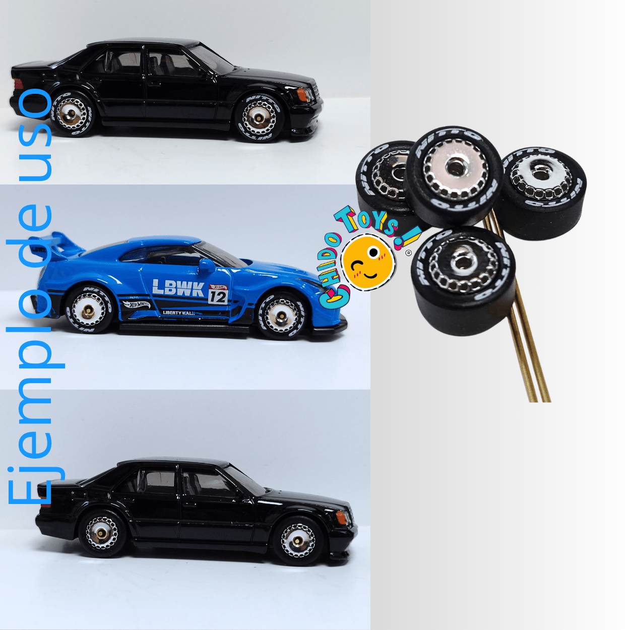 Set de llantas de goma para escala 1:64 con rines tipo diamante y ejes incluidos - Chido Toys