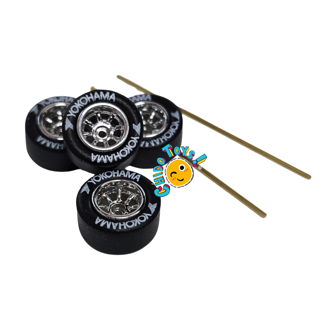 Set de llantas de goma para escala 1:64 con rines tipo diamante y ejes incluidos - Chido Toys