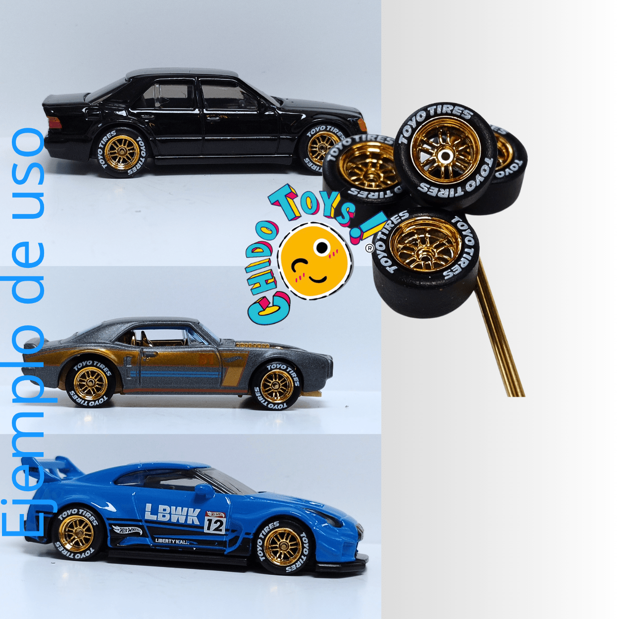 Set de llantas de goma para escala 1:64 con rines tipo diamante y ejes incluidos - Chido Toys