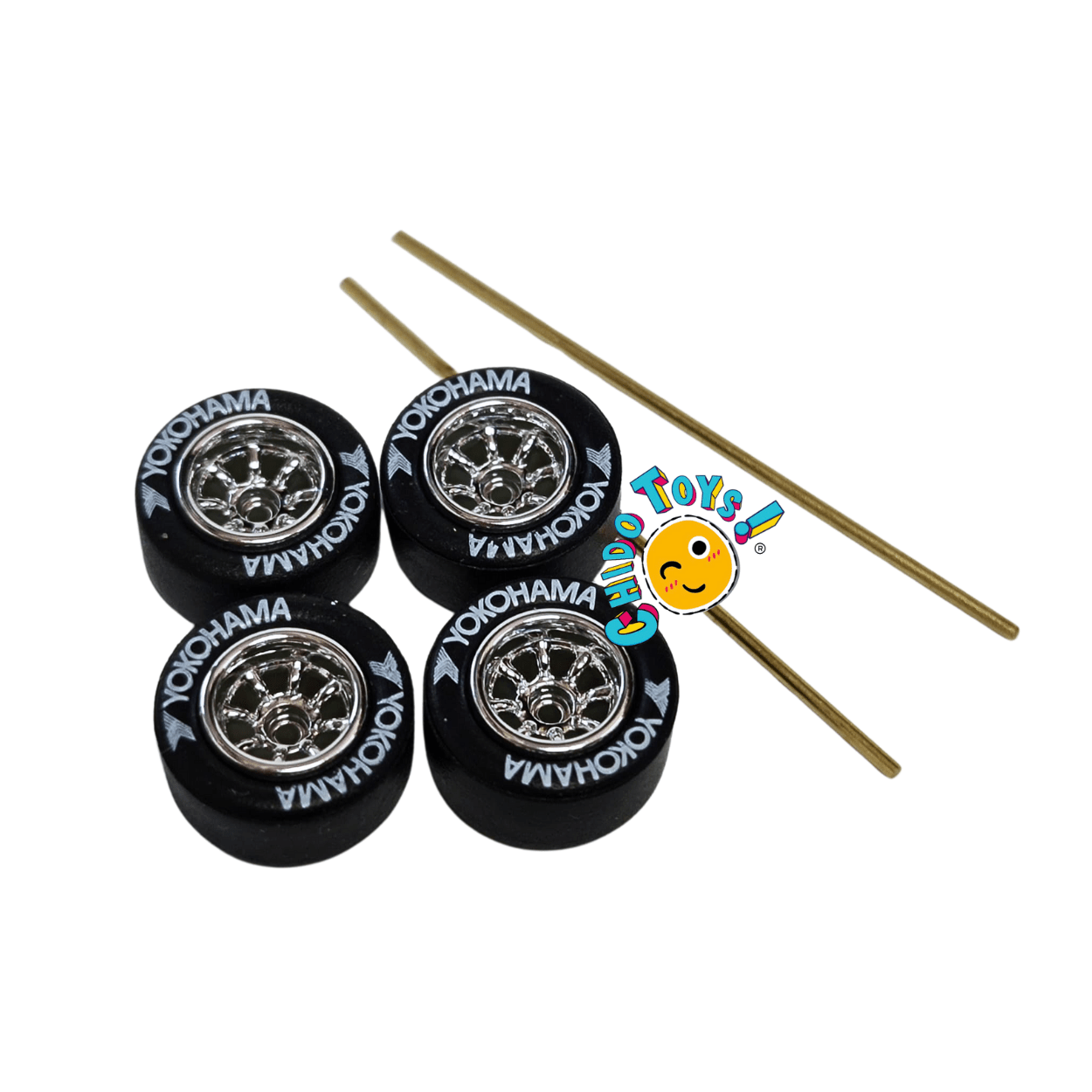 Set de llantas de goma para escala 1:64 con rines tipo diamante y ejes incluidos - Chido Toys