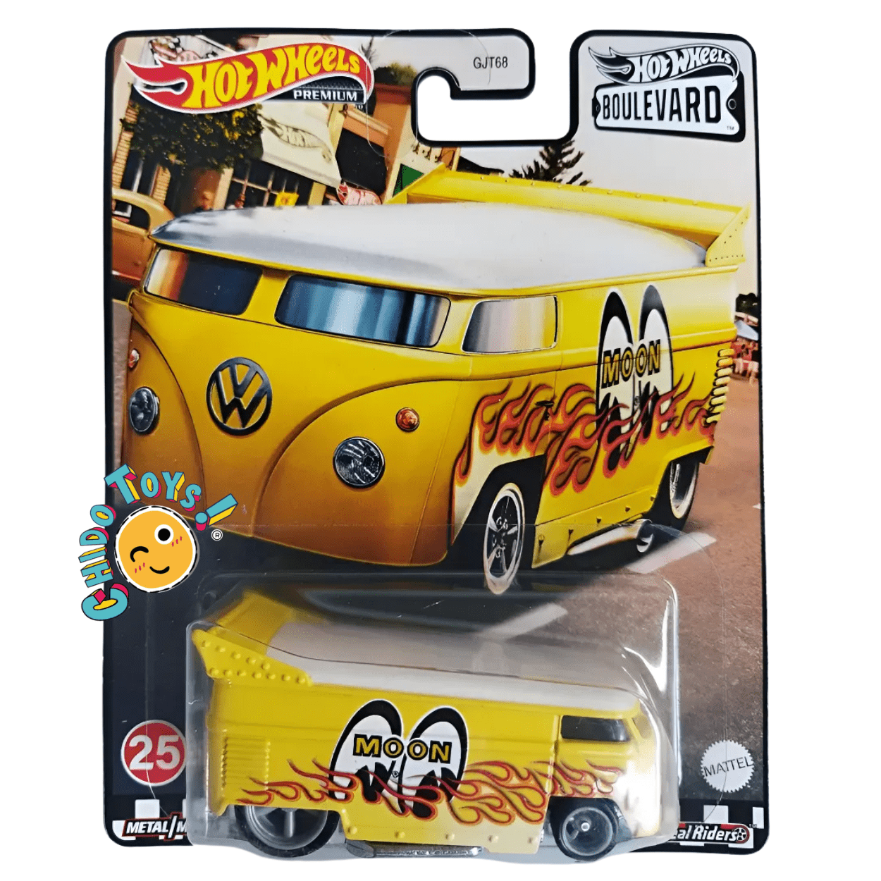 Set Hot Wheels Kool Kombi MOONEYES Amarillas – Edición Boulevard Premium – Incluye Protectores - Chido Toys