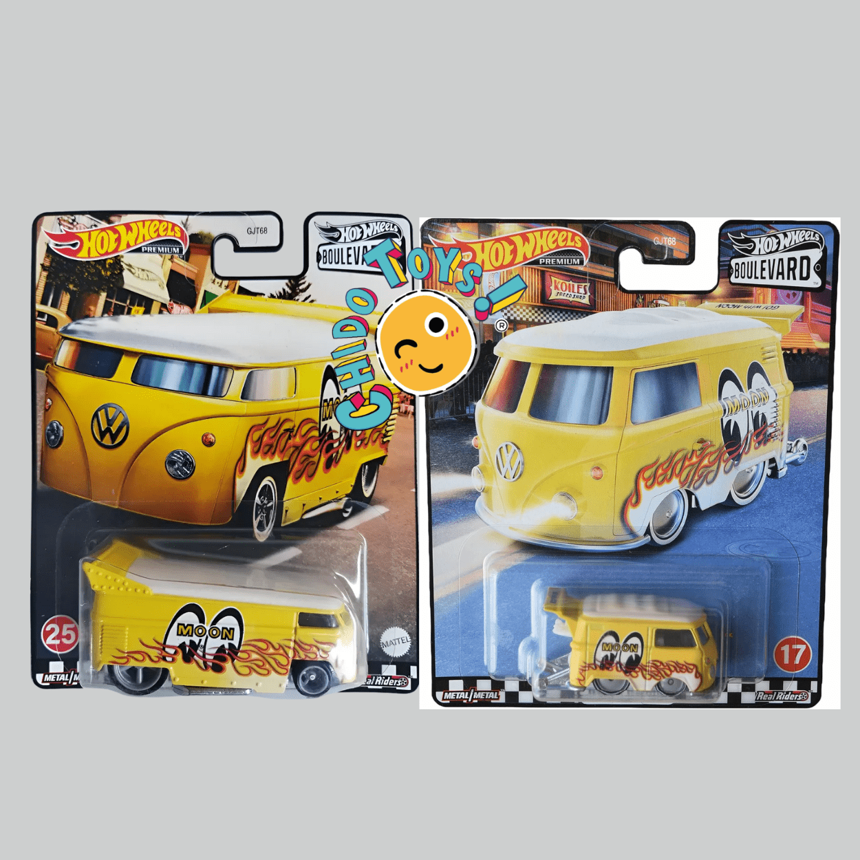 Set Hot Wheels Kool Kombi MOONEYES Amarillas – Edición Boulevard Premium – Incluye Protectores - Chido Toys