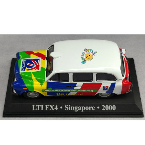 Taxi LTI FX4 Singapore 2000 a Escala 1:43 | Cuerpo de Metal | Base de Exhibición | Visit Britain Edition - Chido Toys