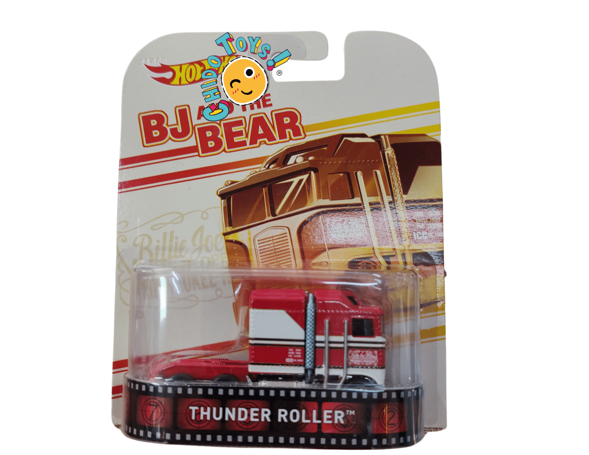 Hot Wheels Thunder Roller BJ and the Bear escala 1:64 rojo y blanco, metal/metal con llantas Real Riders en blister coleccionable.