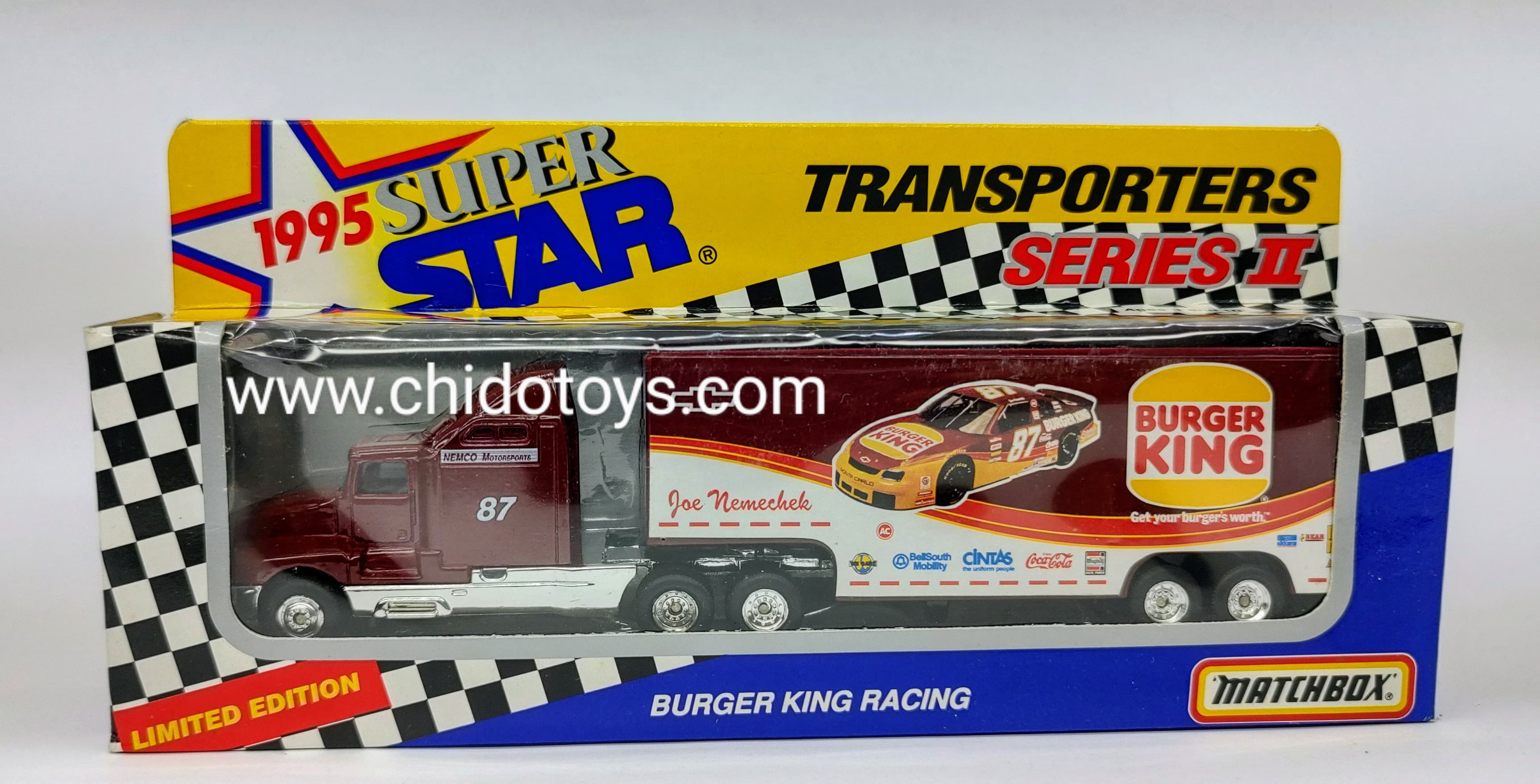 Trailer a escala marca Matchbox, Modelo Transporters Joe Nemechek Burger King - Chido Toys