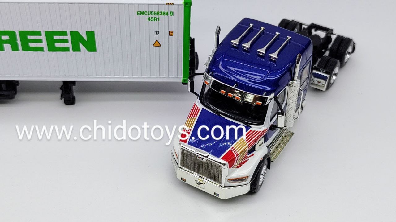 Trailer a escala marca Mini GT, Modelo Western Star 49X con contenedor refrigerado de 40′ Modelo "EVERGREEN" - Chido Toys