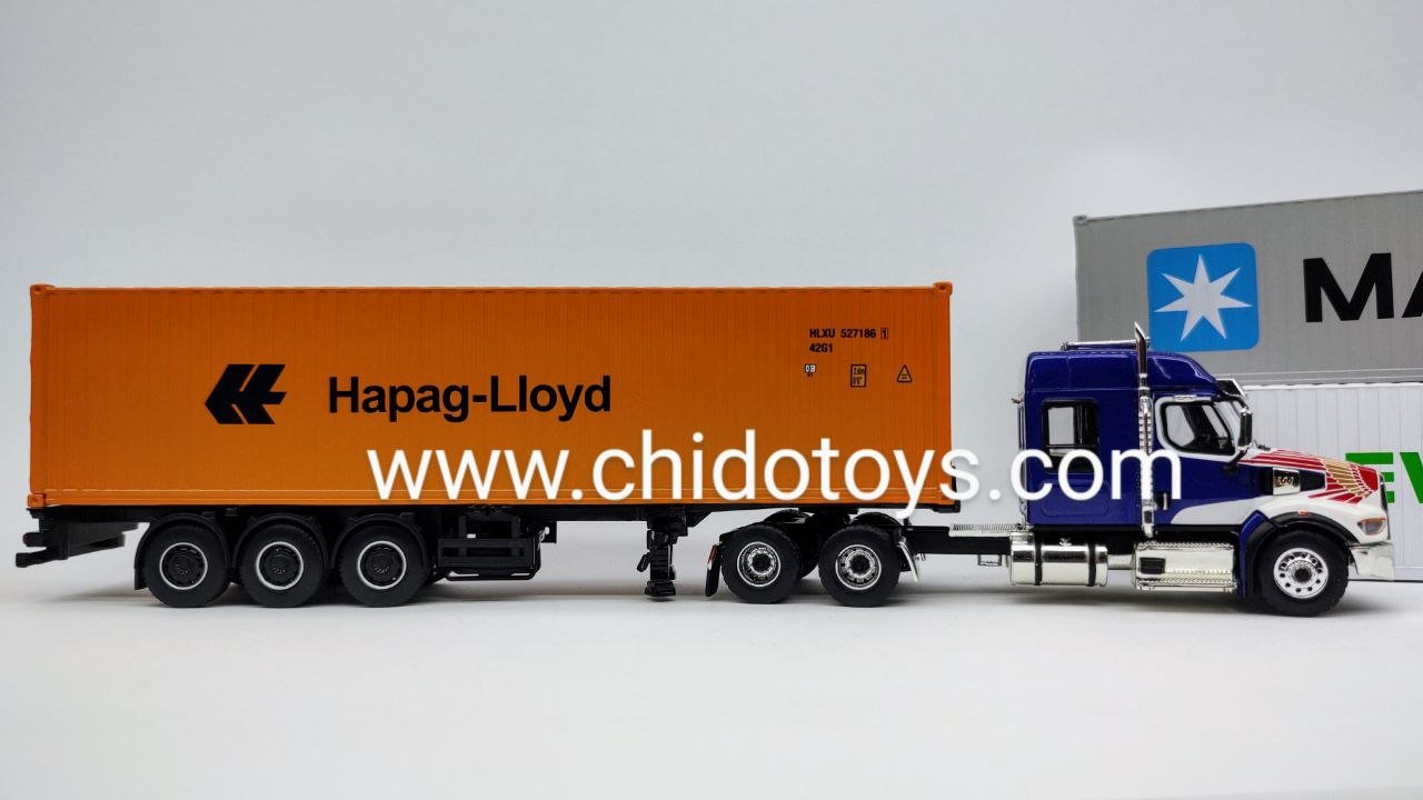 Trailer a escala marca Mini GT, Modelo Western Star 49X con contenedor refrigerado de 40′ Modelo "EVERGREEN" - Chido Toys