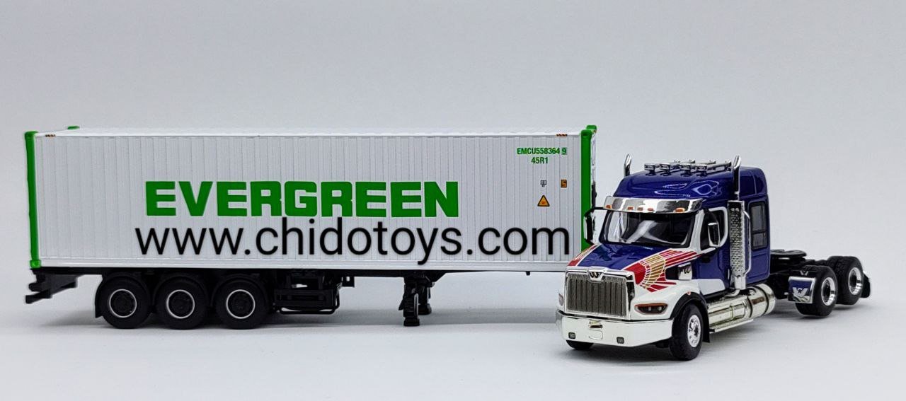 Mini GT Western Star 49X 1:64 con contenedor refrigerado Evergreen, metal, llantas de goma y tráiler detallado con puertas funcionales.