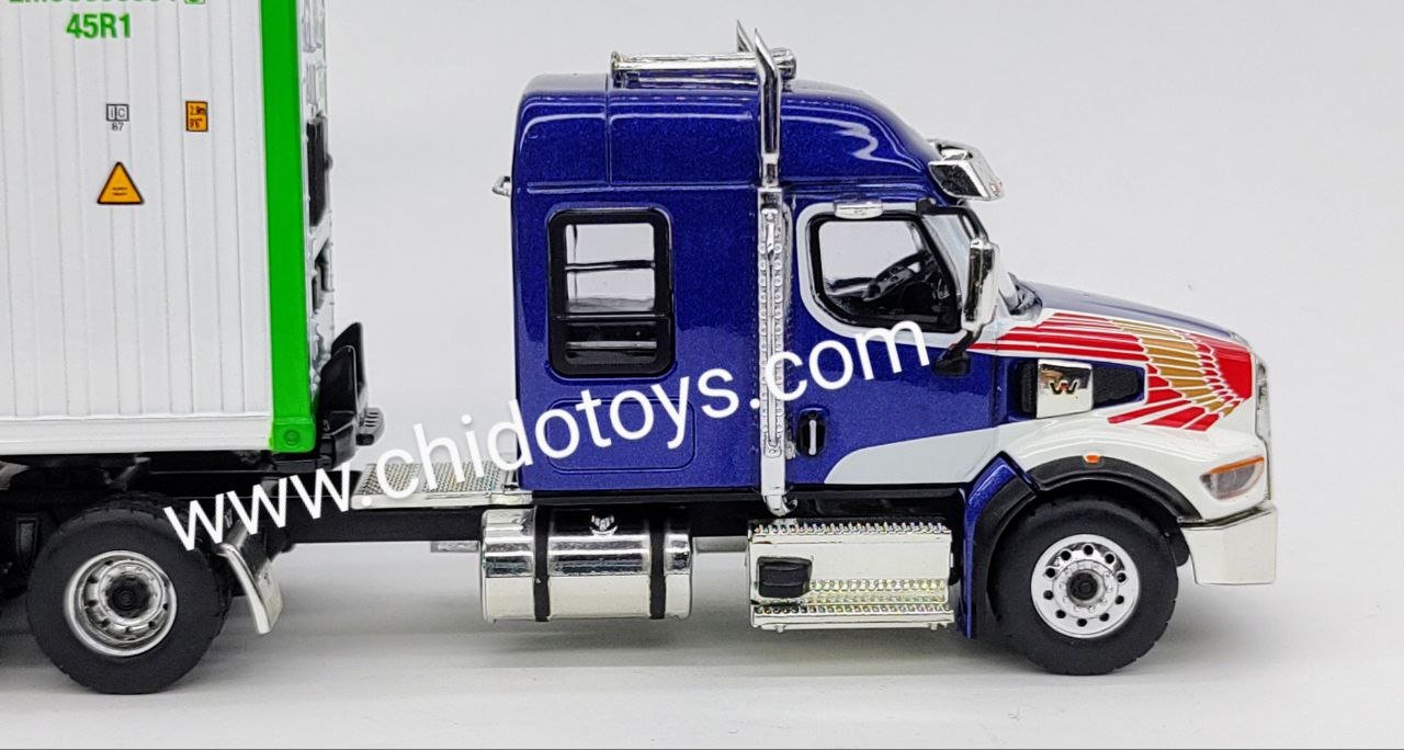 Trailer a escala marca Mini GT, Modelo Western Star 49X con contenedor refrigerado de 40′ Modelo "EVERGREEN" - Chido Toys