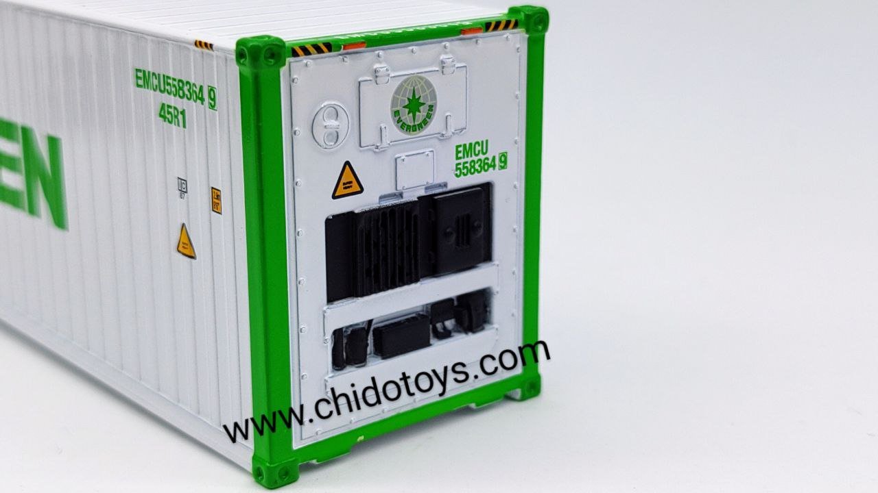 Trailer a escala marca Mini GT, Modelo Western Star 49X con contenedor refrigerado de 40′ Modelo "EVERGREEN" - Chido Toys