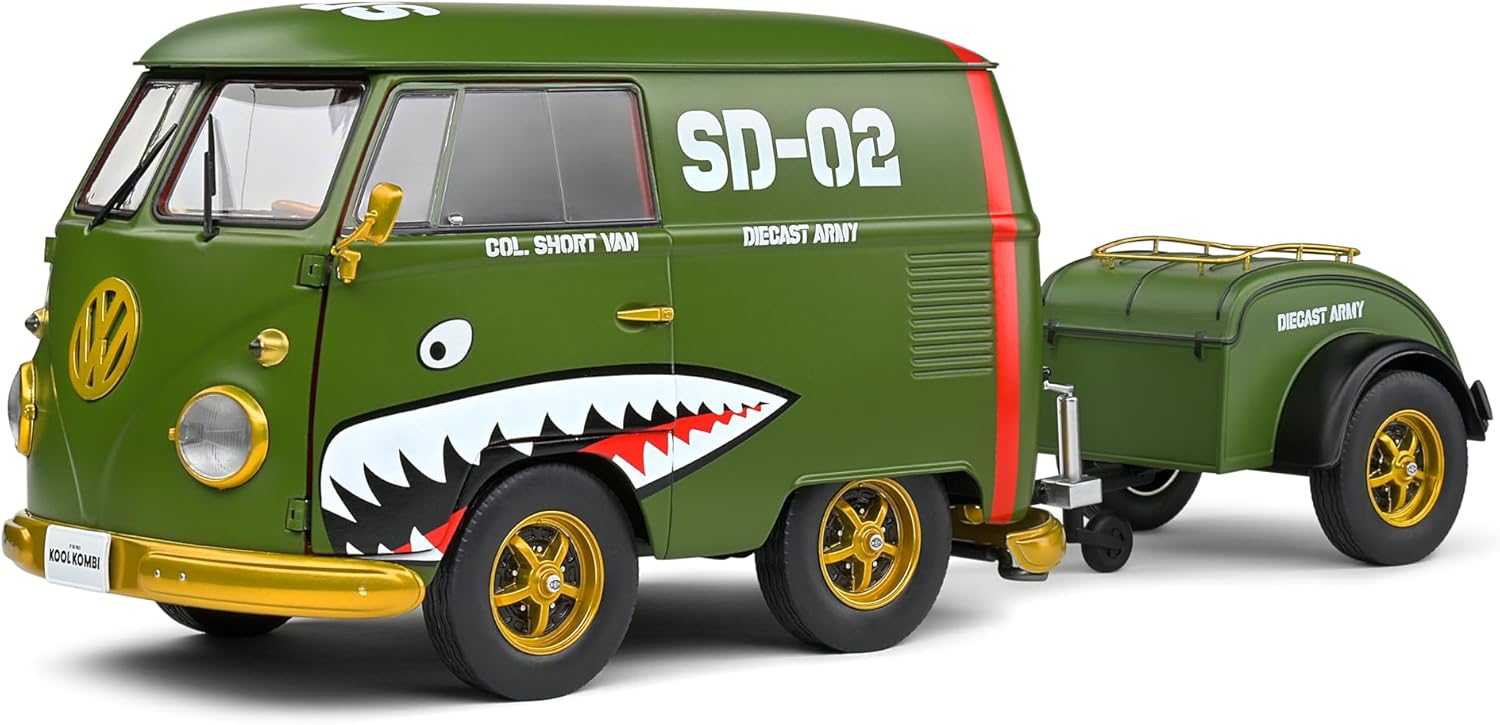 Volkswagen T1 Panel Van "Kool Kombi Diecast Army" con Remolque | Sólido 1:18 - Chido Toys