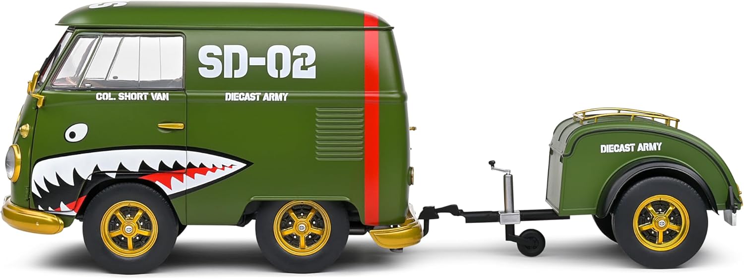 Volkswagen T1 Panel Van "Kool Kombi Diecast Army" con Remolque | Sólido 1:18 - Chido Toys