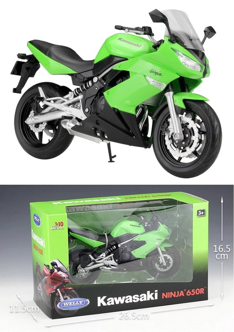 Welly Kawasaki Ninja 650R 1:10 verde con suspensión trasera - Chido Toys