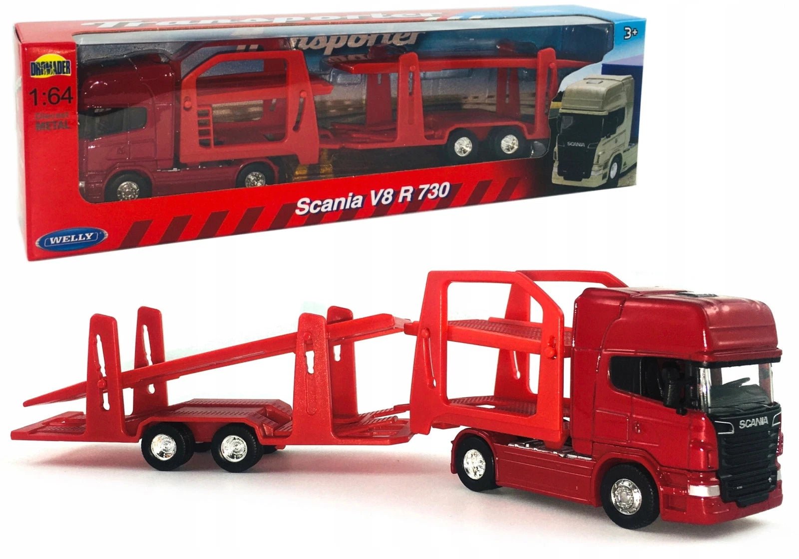 Welly Scania V8 R730 Transporter 1:64 rojo plataforma doble - Chido Toys