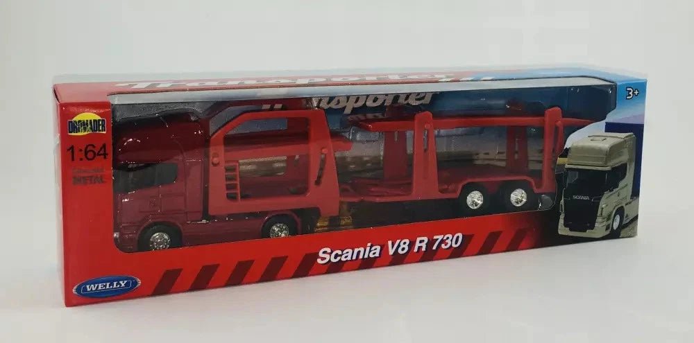 Welly Scania V8 R730 Transporter 1:64 rojo plataforma doble - Chido Toys