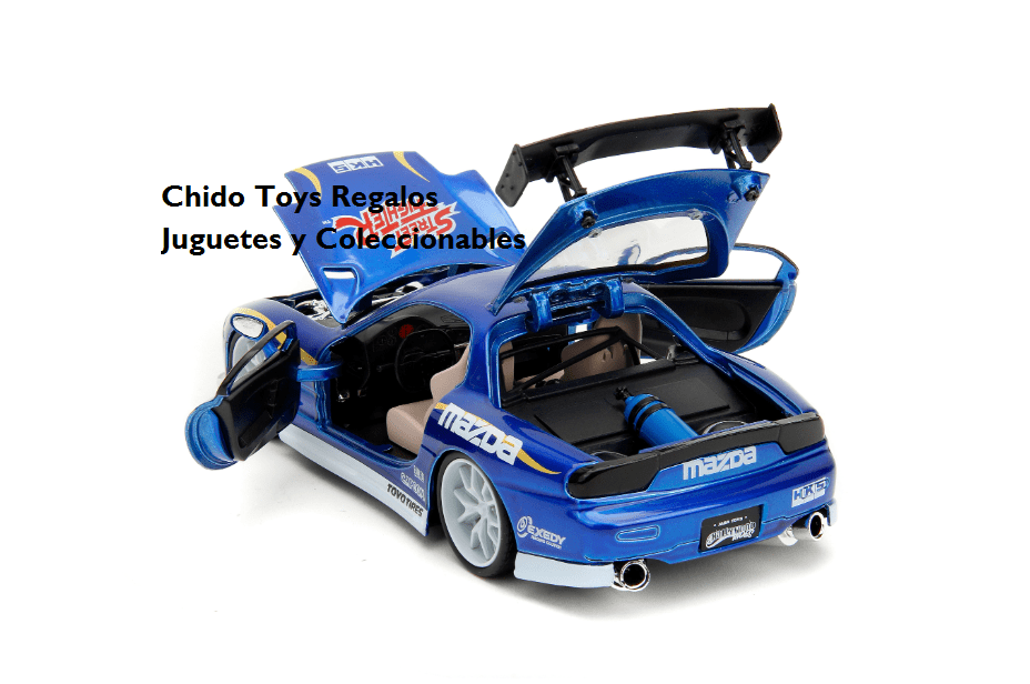 Auto a escala marca Jada, Modelo Street Fighter Chun - Li & 1993 Mazda RX - 7 (Azul caramelo) - Chido Toys