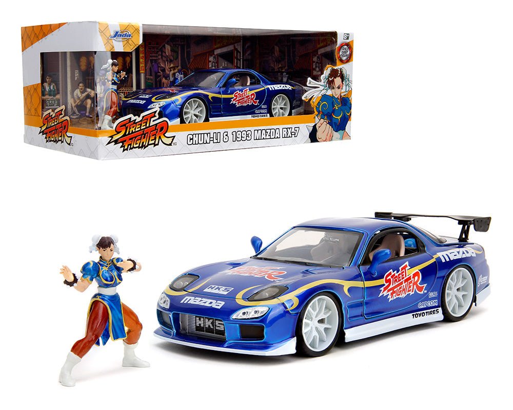 Auto a escala marca Jada, Modelo Street Fighter Chun - Li & 1993 Mazda RX - 7 (Azul caramelo) - Chido Toys