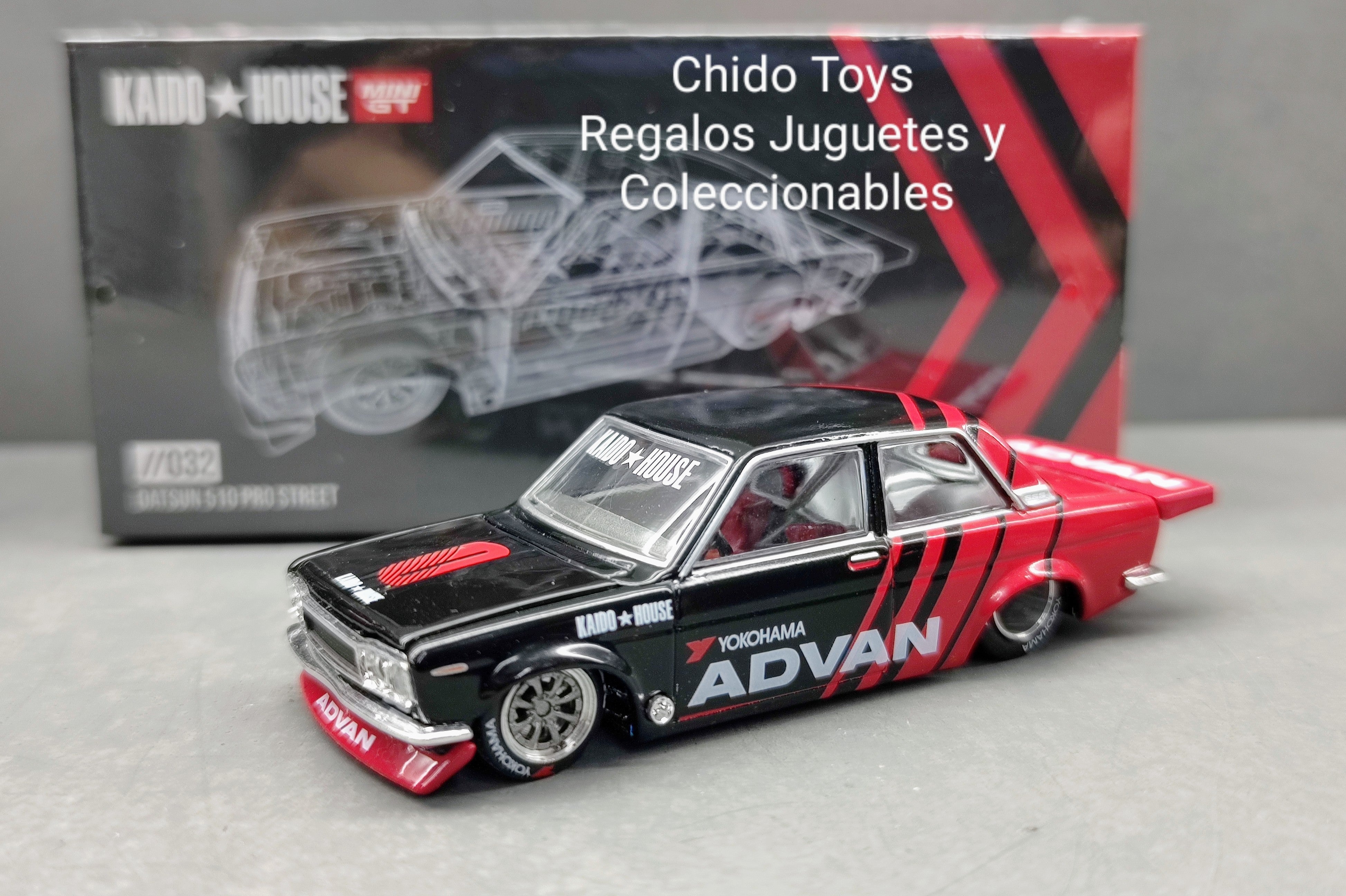 Auto a escala marca Mini GT; Datsun 510 Pro Street Advan Yokohama Edición Limitada - Chido Toys