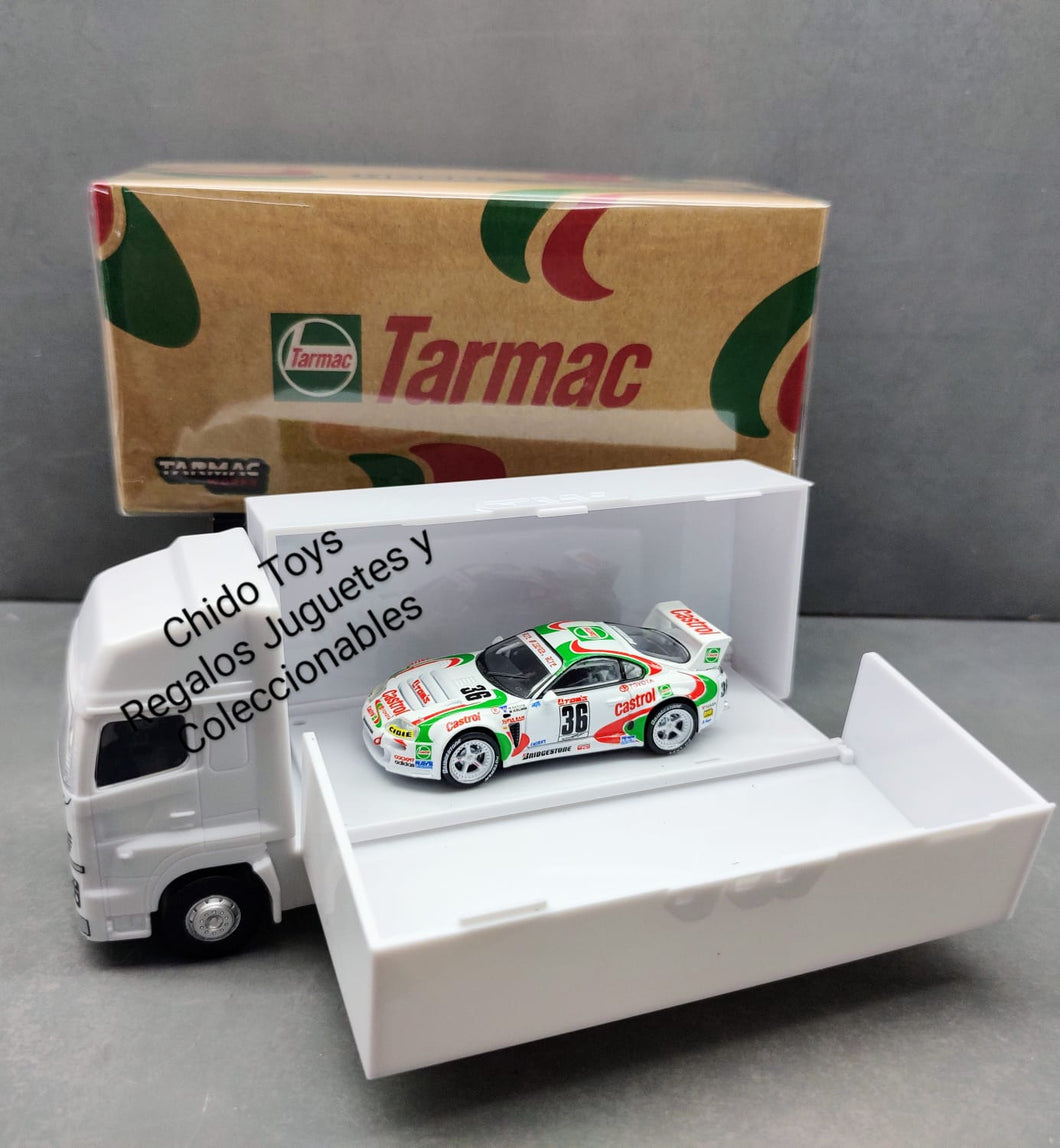 Auto a escala marca Tarmac Works, Modelo Toyota Supra GT JGTC 1995 M. Sekiya / M. Krumm con embalaje de camión