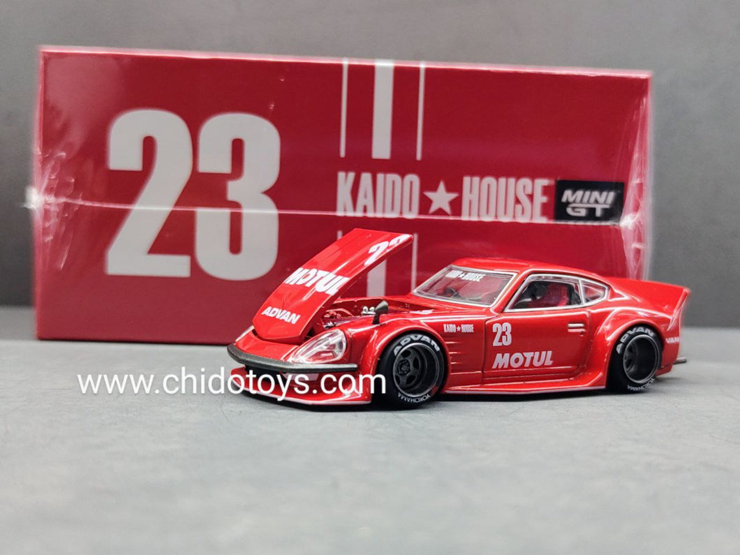 Auto a escala marca Mini GT modelo Kaido House x MiniGT Datsun Fairlady Z Motul Rojo