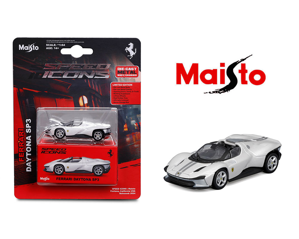 Maisto Ferrari Daytona SP3 escala 1:64 blanco perla con puertas funcionales, llantas de goma y suspensión operativa.