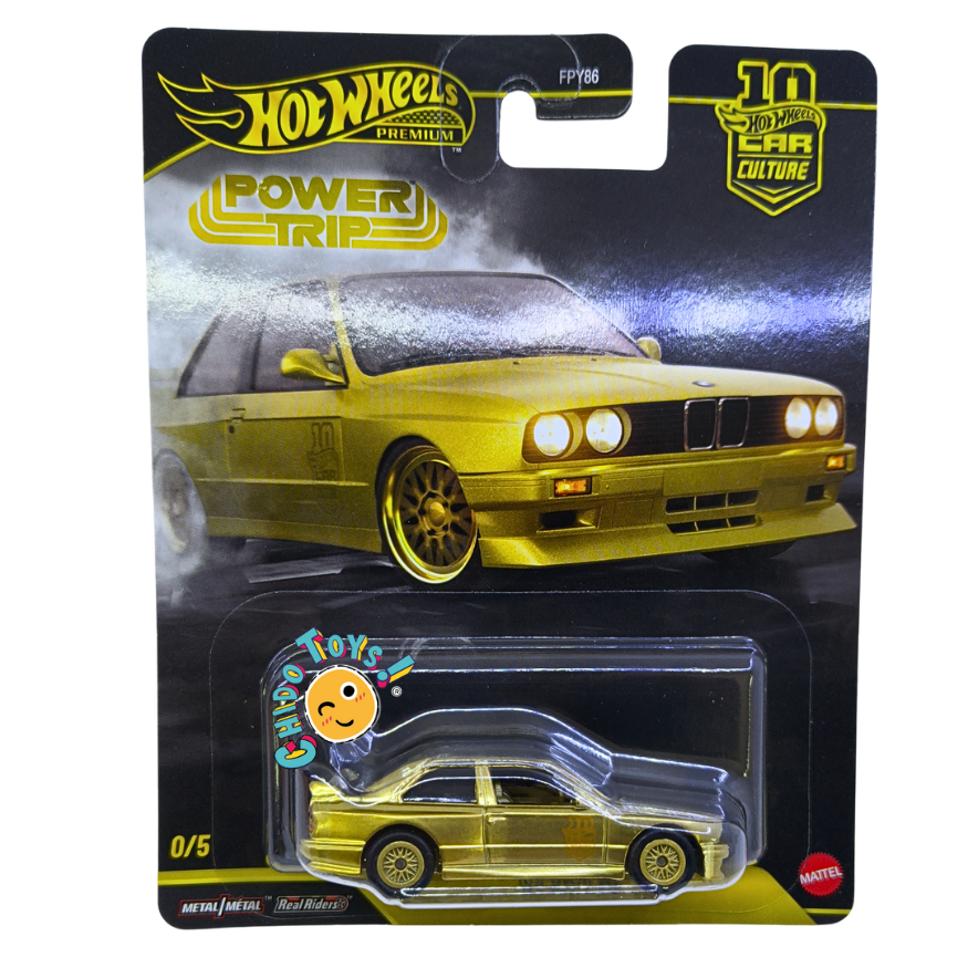 Hot Wheels Premium '92 BMW M3 CHASE escala 1:64 color dorado Metal/Metal con llantas Real Riders y empaque Power Trip 0/5.