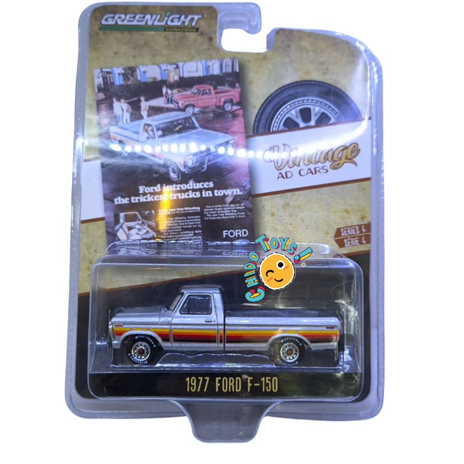 GreenLight 1977 Ford F-150 Vintage Ad Cars escala 1:64 color plata con franjas laterales clásicas y carrocería de metal en blíster.