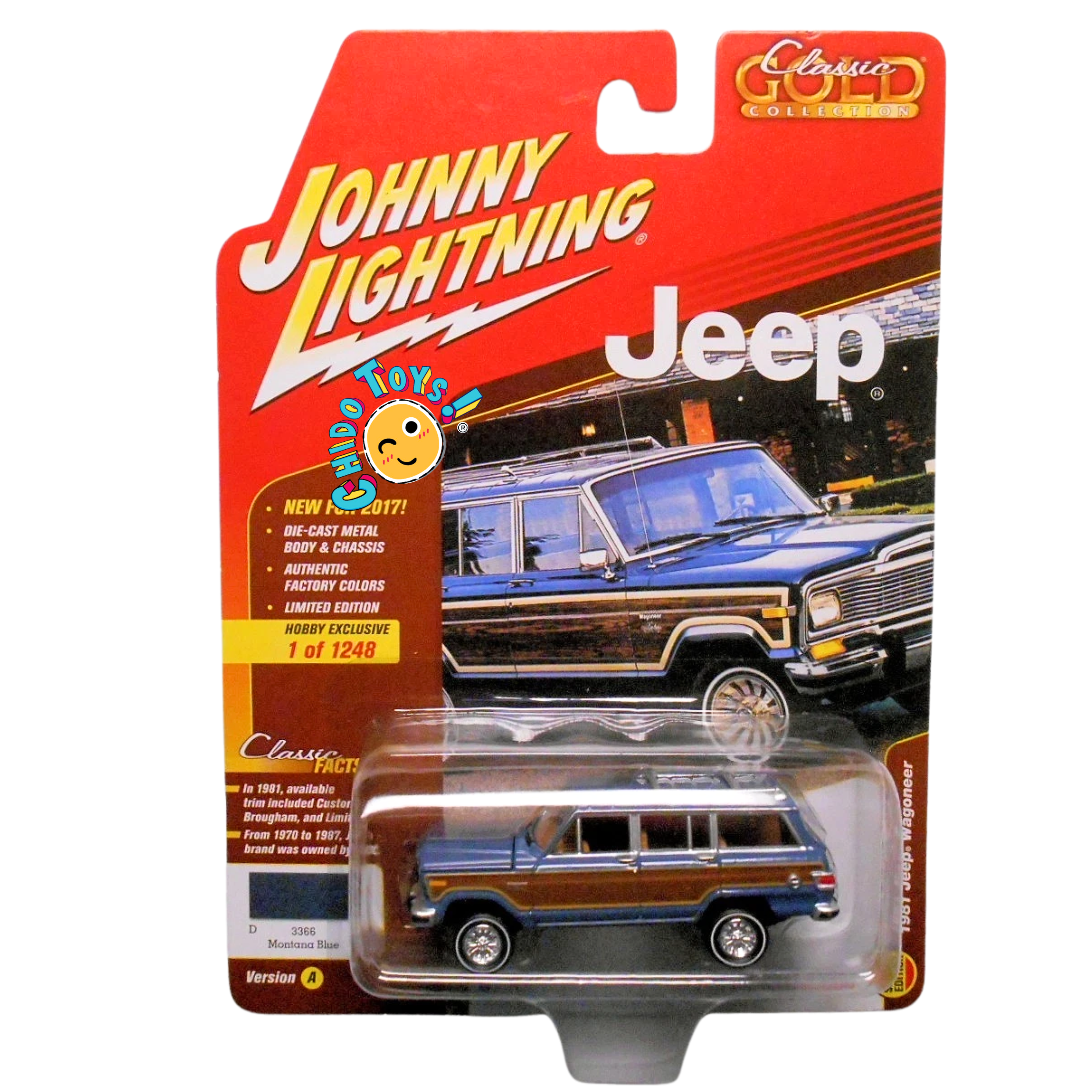 Johnny Lightning 1981 Jeep Wagoneer Classic Gold 1:64 Montana Blue edición limitada