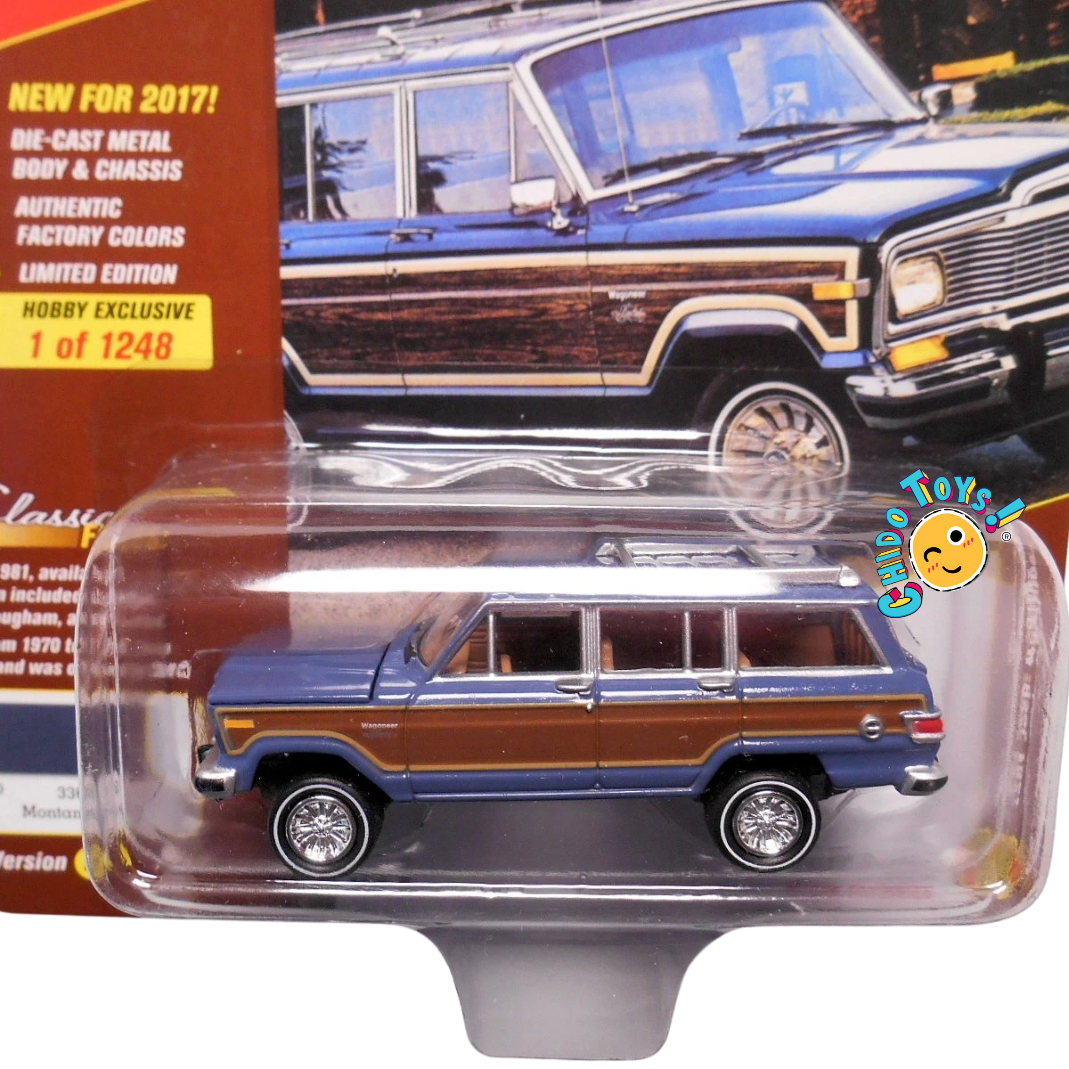 Johnny Lightning 1981 Jeep Wagoneer Classic Gold 1:64 Montana Blue edición limitada