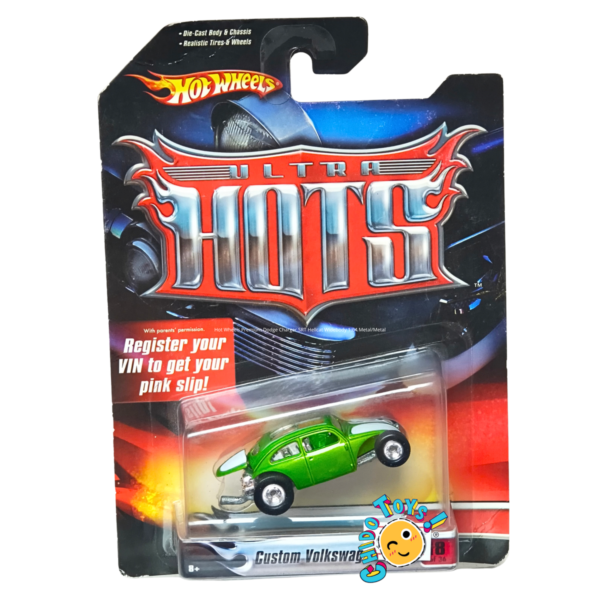 Hot Wheels Ultra Hots Custom Volkswagen Beetle 1:64 verde metálico, Metal/Metal con rines cromados y estilo hot rod.