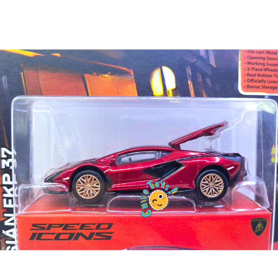 Maisto Lamborghini Sián FKP 37 Speed Icons escala 1:64 rojo metálico con puertas funcionales, cofre trasero abatible y llantas de goma.