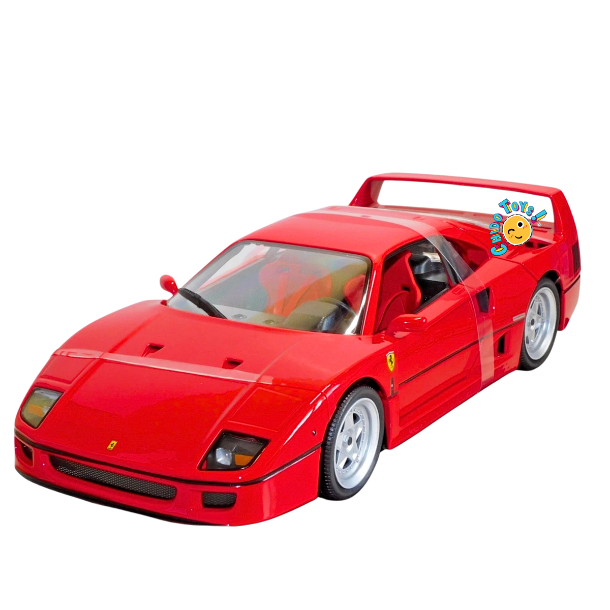 Maisto Ferrari F40 1987 1:18 rojo, cuerpo diecast con llantas de goma, gran alerón trasero y base de exhibición.