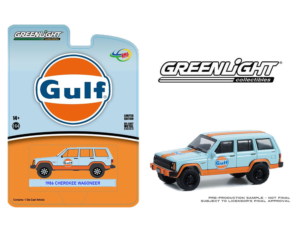 Auto a escala 1:64 marca Greenlight modelo Jeep Cherokee Wagoneer Gulf 1986