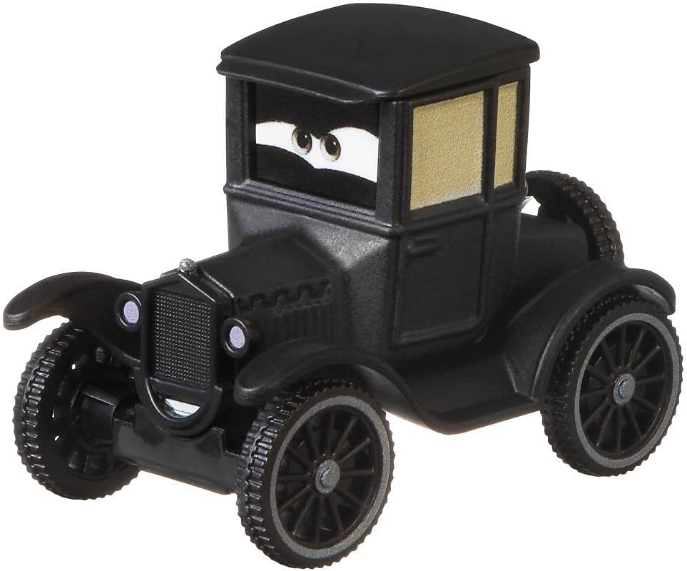 Disney Pixar Cars Lizzie Mattel escala 1:55 color negro con carrocería de metal, ruedas de giro libre y empaque oficial.