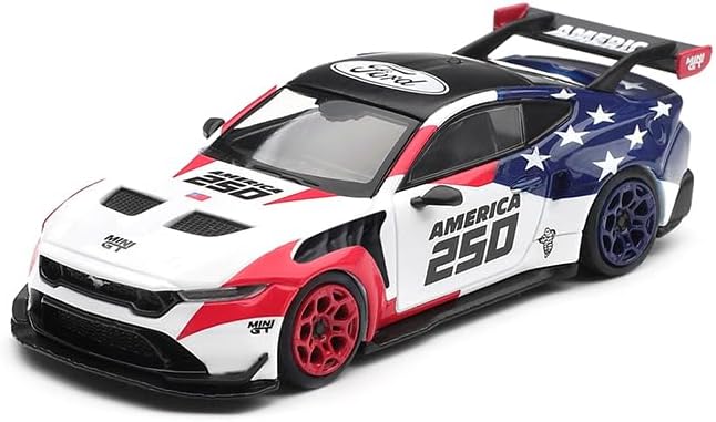 MINI GT Ford Mustang GTD America 250 1:64 rojo, blanco y azul, con llantas de goma, gran alerón y gráficos de estrellas.