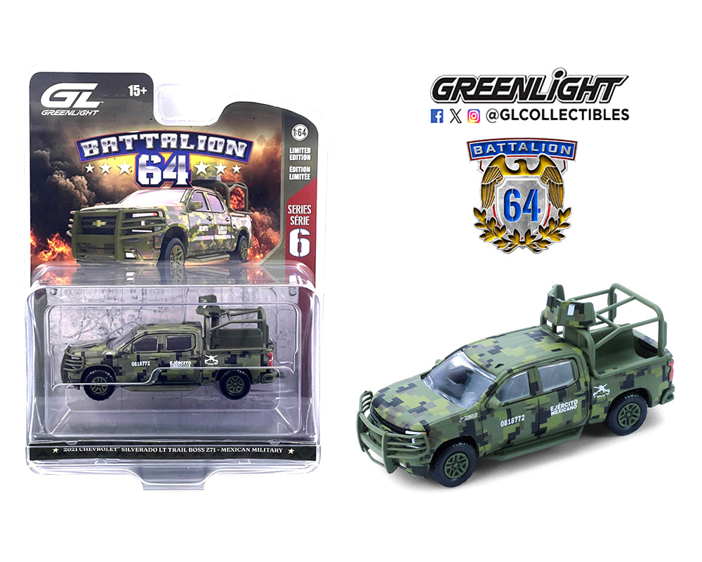 GreenLight Chevrolet Silverado Trail Boss 2021 1:64 camuflaje verde, Ejército Mexicano con torreta y defensa tubular.